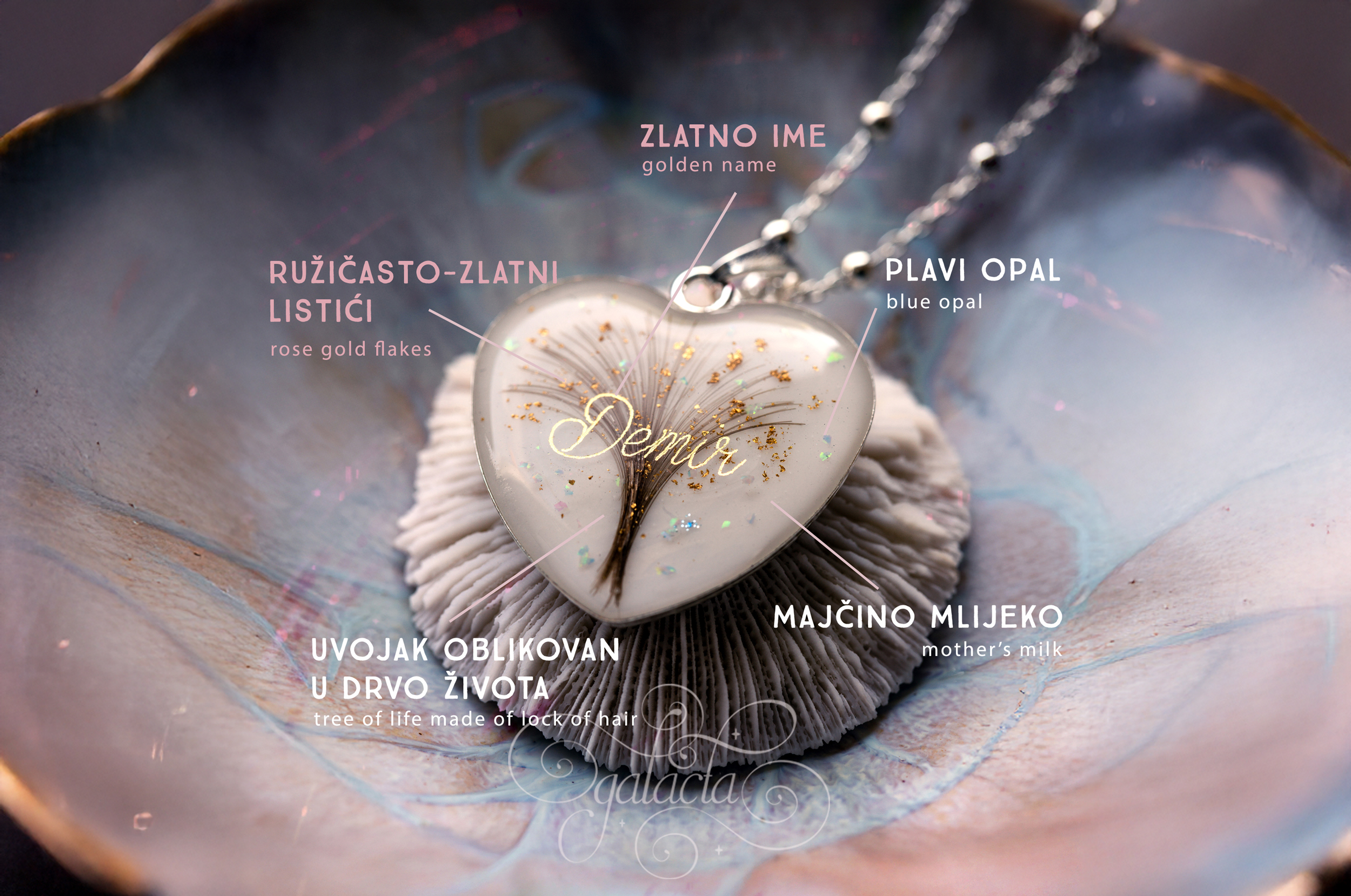 Galacta pendant with breastmilk, baby hair, and engraved name